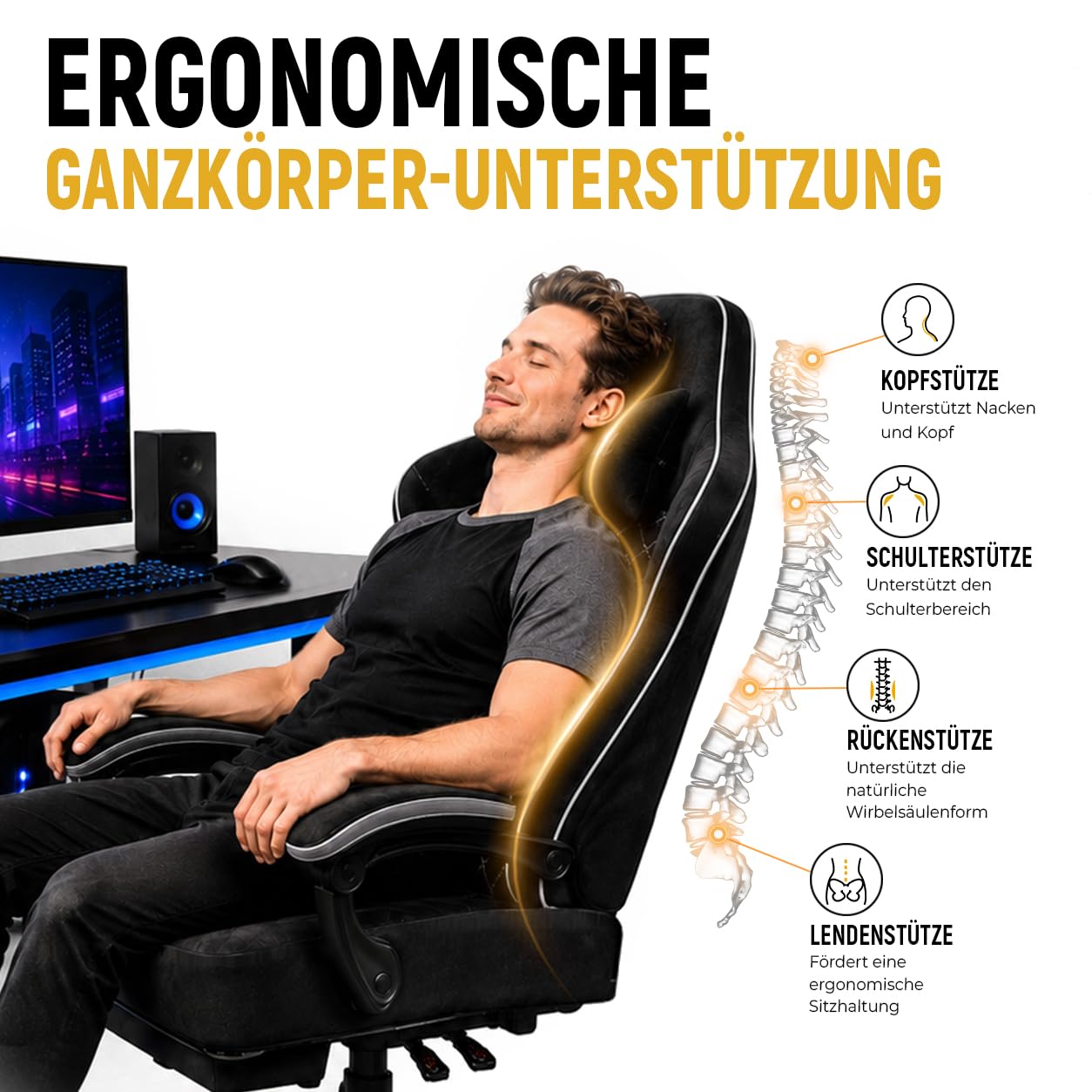 Shadcoler Ergonomic Gaming Chair with Footrest, Tech Fabric, Pocket Spring Cushion, Reclining Backrest, Black - Carlat