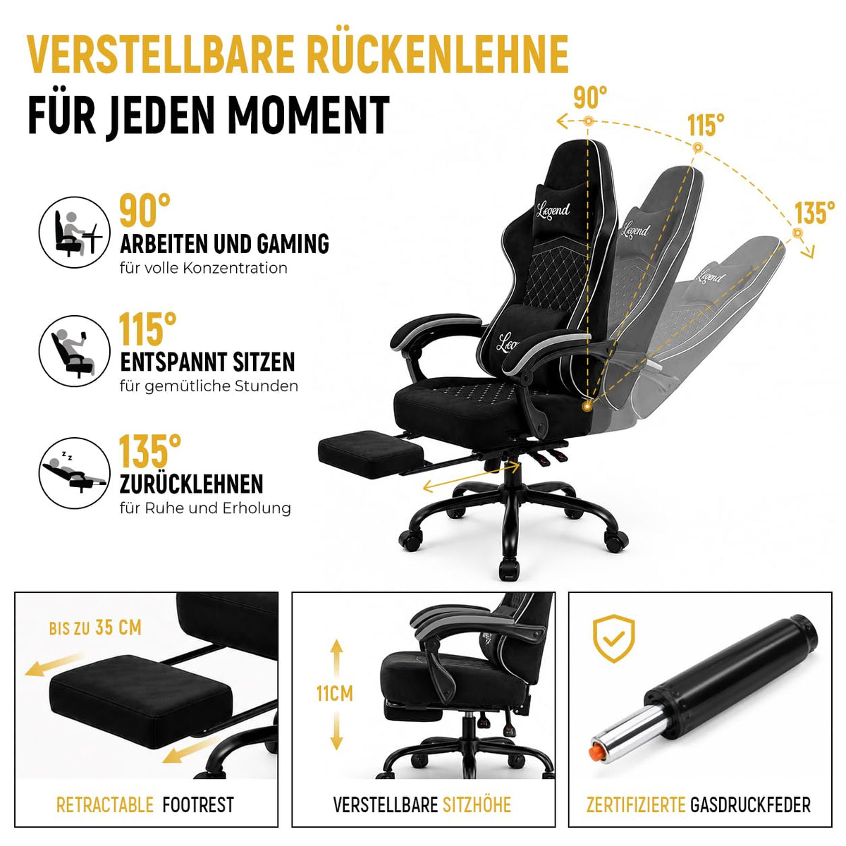 Shadcoler Ergonomic Gaming Chair with Footrest, Tech Fabric, Pocket Spring Cushion, Reclining Backrest, Black - Carlat