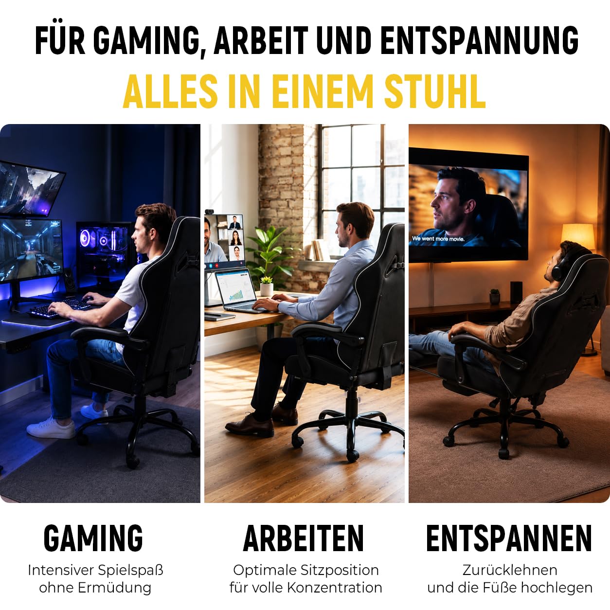 Shadcoler Ergonomic Gaming Chair with Footrest, Tech Fabric, Pocket Spring Cushion, Reclining Backrest, Black - Carlat