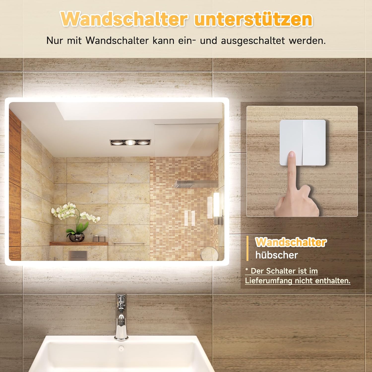 Sonni Bathroom LED Wall Mirror, Rectangular with LED Lighting, Cool White, IP44 Energy Saving - Carlat