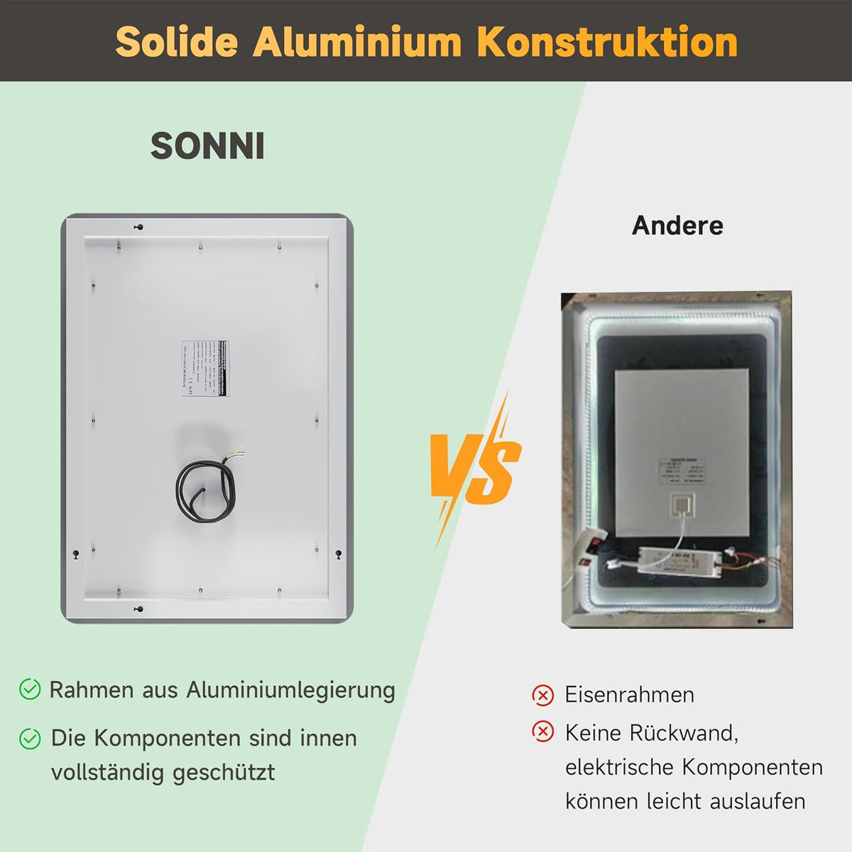 Sonni Bathroom LED Wall Mirror, Rectangular with LED Lighting, Cool White, IP44 Energy Saving - Carlat