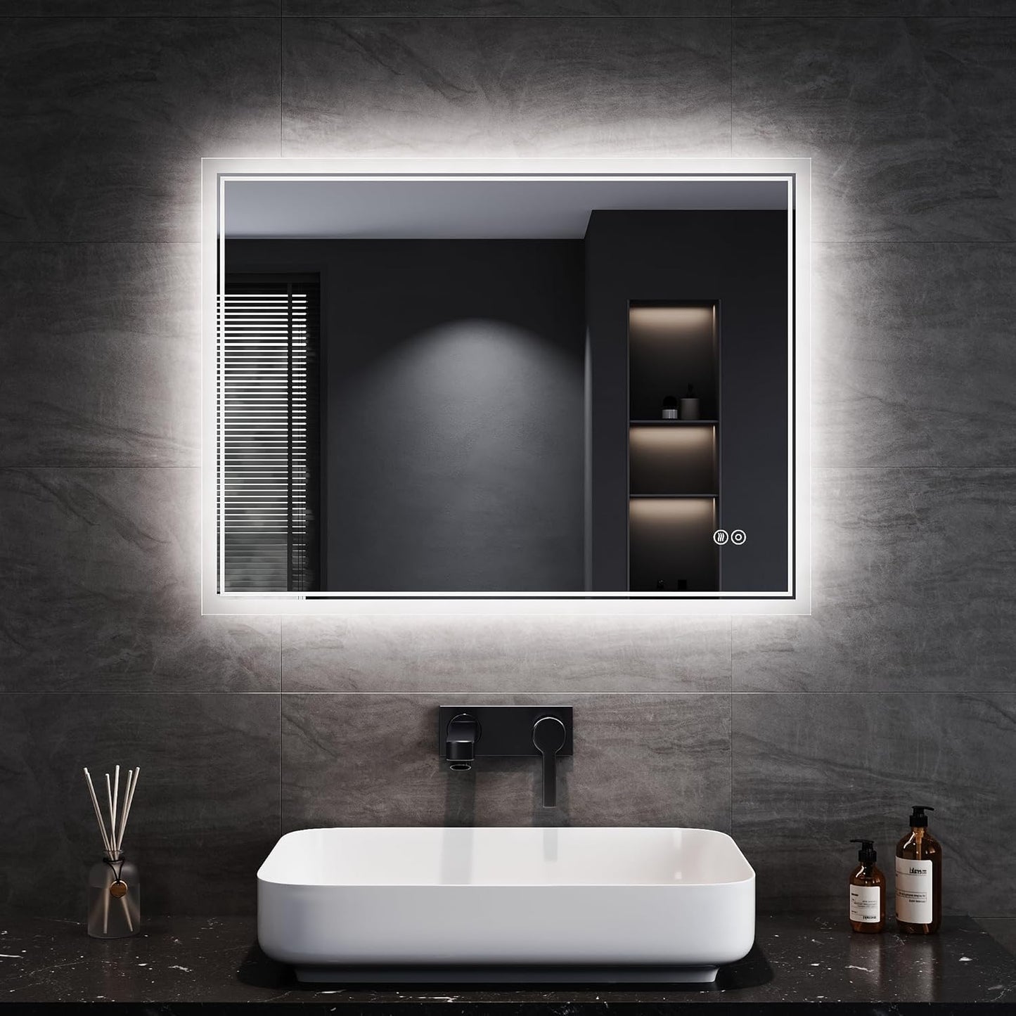 Sonni Bathroom Mirror with Lighting, 80 x 60 cm, 3 Adjustable Light Colours, Anti-Fog LED Bathroom Mirror, Light Mirror, Wall Mirror with Touch Switch, Clock, Temperature, 3x Magnification - Carlat