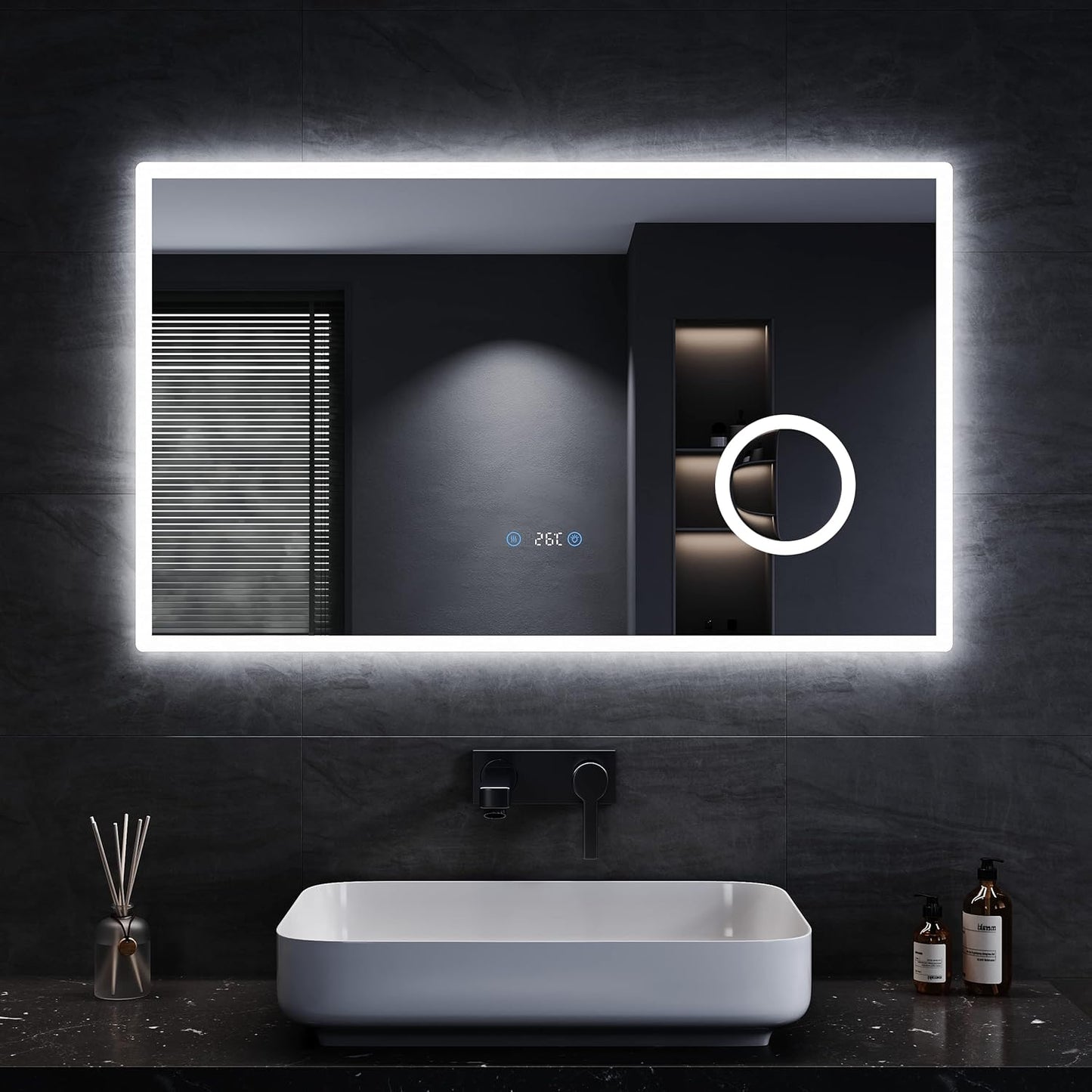 Sonni Bathroom Mirror with Lighting, 80 x 60 cm, 3 Adjustable Light Colours, Anti-Fog LED Bathroom Mirror, Light Mirror, Wall Mirror with Touch Switch, Clock, Temperature, 3x Magnification - Carlat