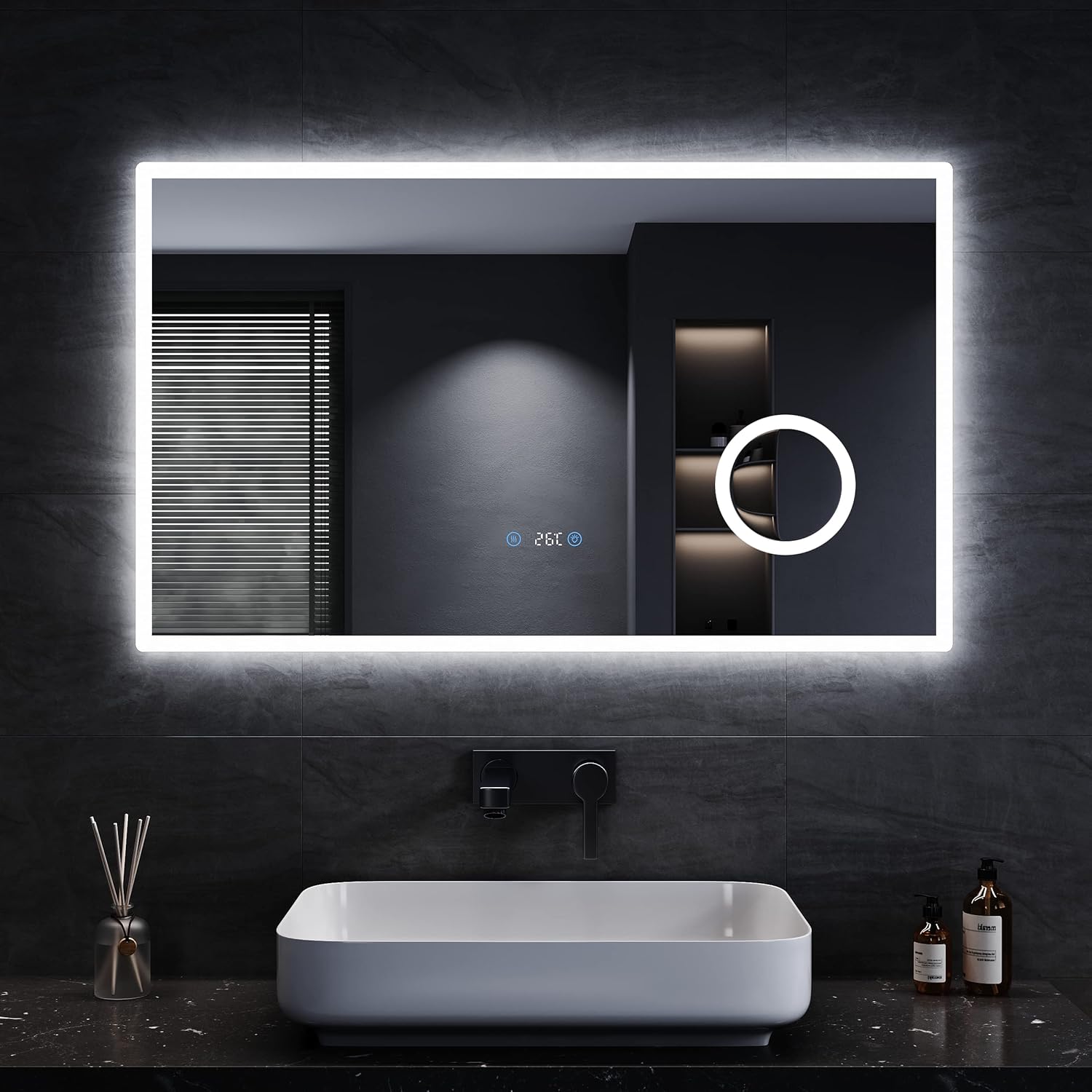 Sonni Bathroom Mirror with Lighting, 80 x 60 cm, 3 Adjustable Light Colours, Anti-Fog LED Bathroom Mirror, Light Mirror, Wall Mirror with Touch Switch, Clock, Temperature, 3x Magnification - Carlat