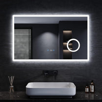 Sonni Bathroom Mirror with Lighting, 80 x 60 cm, 3 Adjustable Light Colours, Anti-Fog LED Bathroom Mirror, Light Mirror, Wall Mirror with Touch Switch, Clock, Temperature, 3x Magnification - Carlat