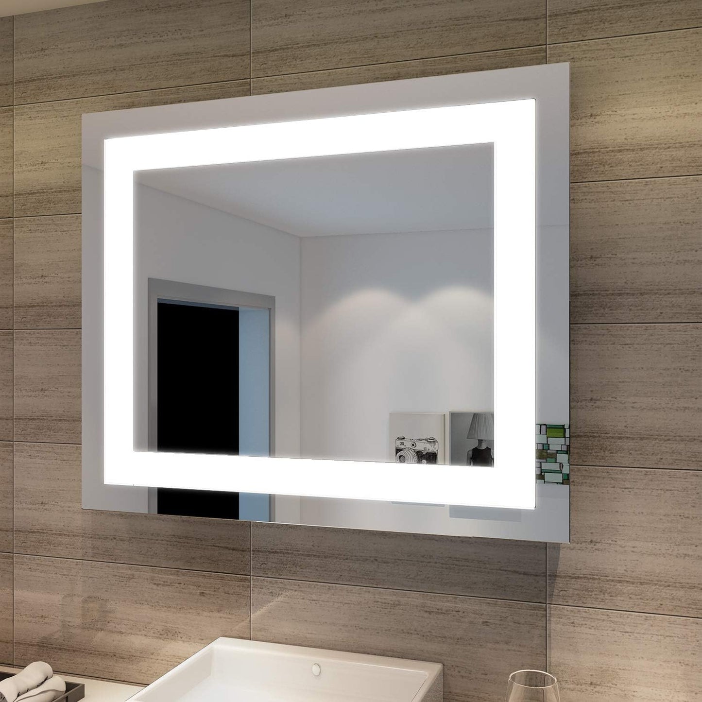 Sonni Bathroom Mirror with Lighting, 80 x 60 cm, 3 Adjustable Light Colours, Anti-Fog LED Bathroom Mirror, Light Mirror, Wall Mirror with Touch Switch, Clock, Temperature, 3x Magnification - Carlat
