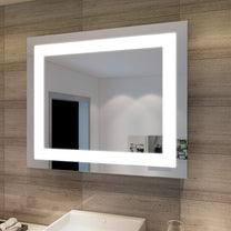 Sonni Bathroom Mirror with Lighting, 80 x 60 cm, 3 Adjustable Light Colours, Anti-Fog LED Bathroom Mirror, Light Mirror, Wall Mirror with Touch Switch, Clock, Temperature, 3x Magnification - Carlat