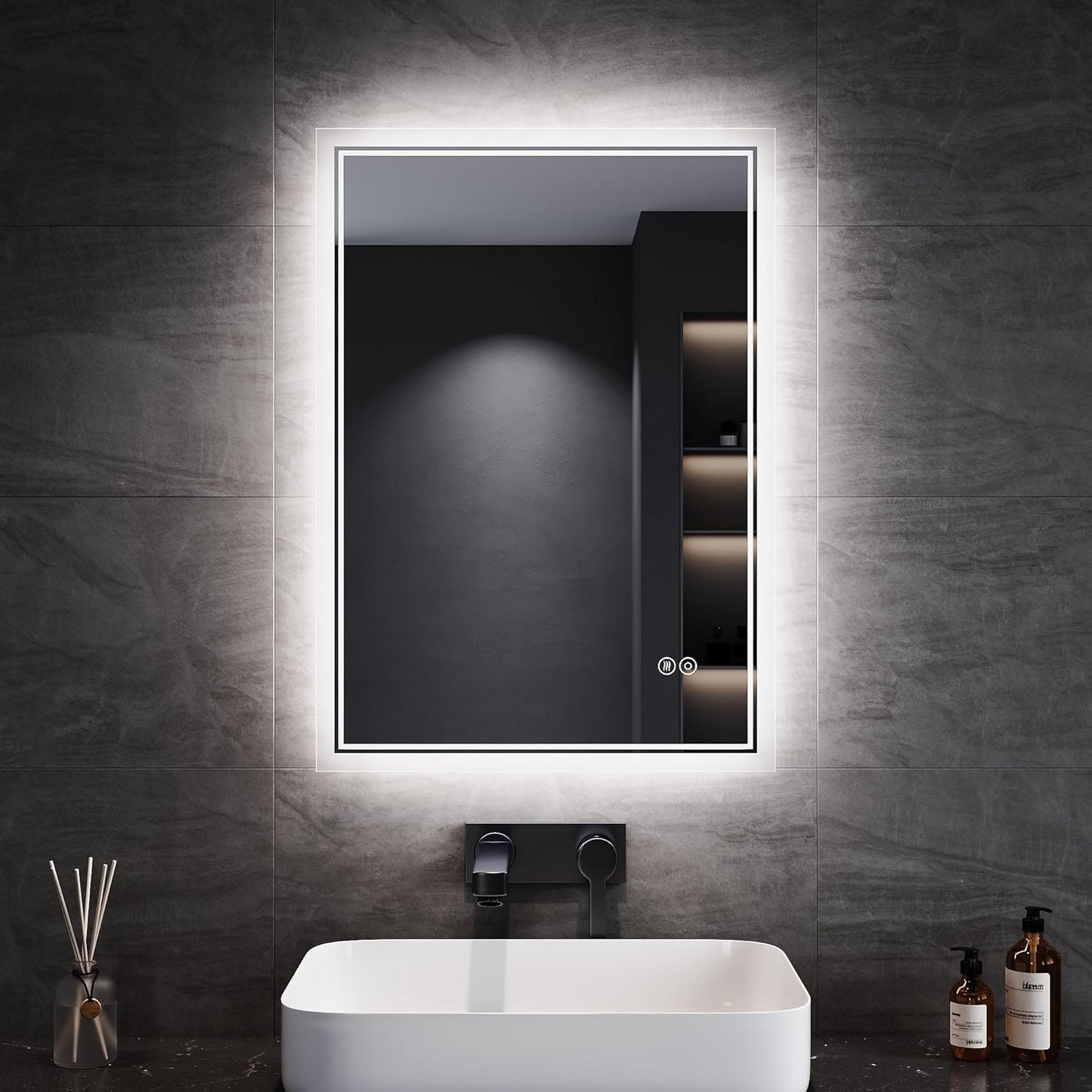Sonni Bathroom Mirror with Lighting, 80 x 60 cm, 3 Adjustable Light Colours, Anti-Fog LED Bathroom Mirror, Light Mirror, Wall Mirror with Touch Switch, Clock, Temperature, 3x Magnification - Carlat