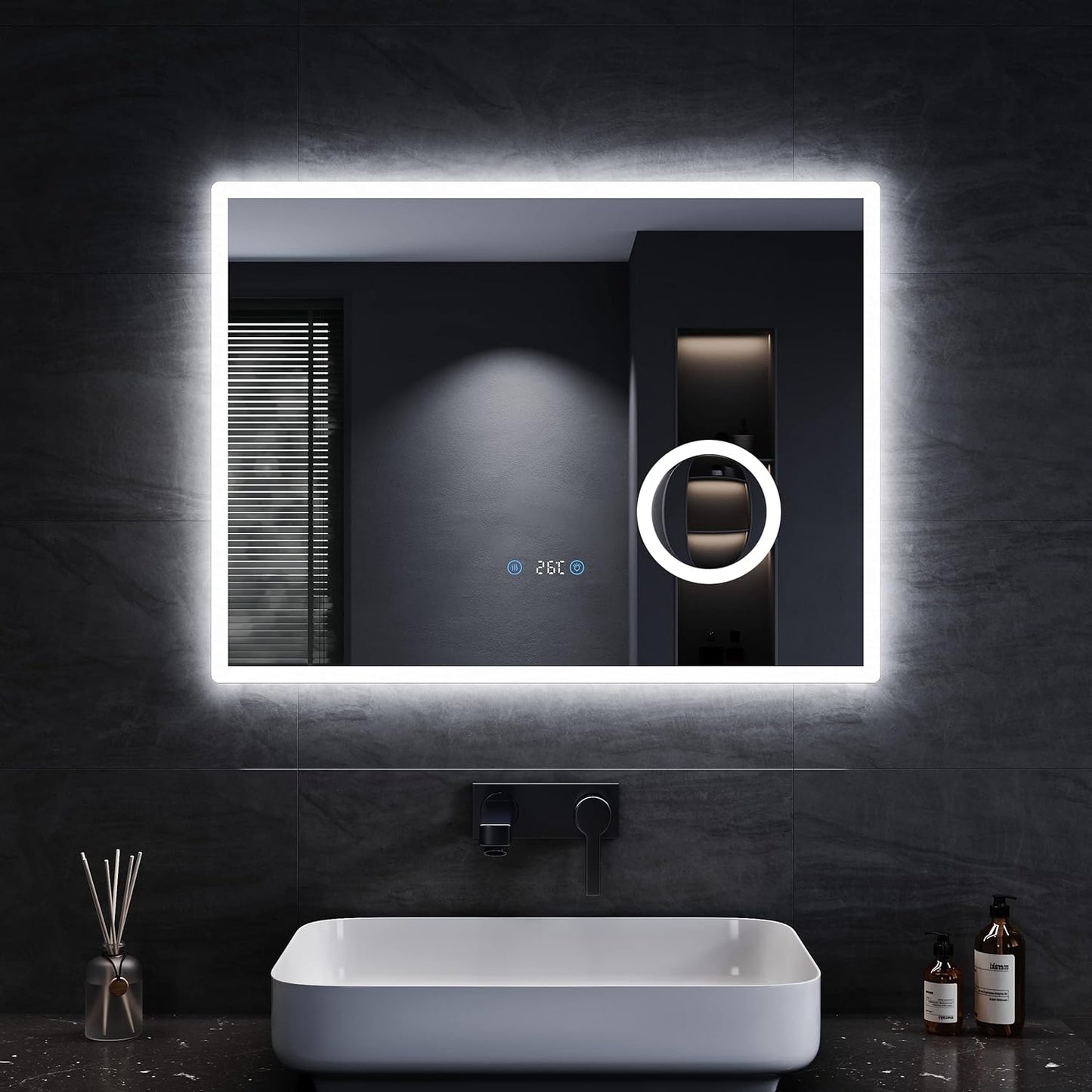 Sonni Bathroom Mirror with Lighting, 80 x 60 cm, 3 Adjustable Light Colours, Anti-Fog LED Bathroom Mirror, Light Mirror, Wall Mirror with Touch Switch, Clock, Temperature, 3x Magnification - Carlat