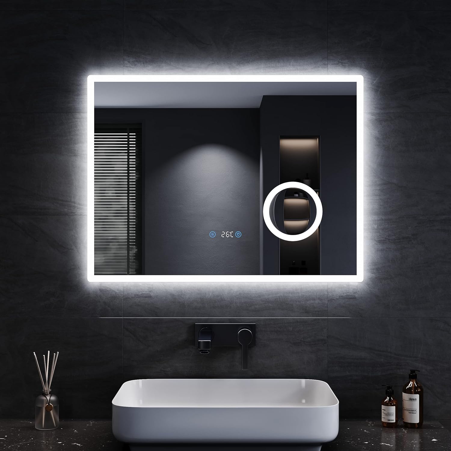 Sonni Bathroom Mirror with Lighting, 80 x 60 cm, 3 Adjustable Light Colours, Anti-Fog LED Bathroom Mirror, Light Mirror, Wall Mirror with Touch Switch, Clock, Temperature, 3x Magnification - Carlat
