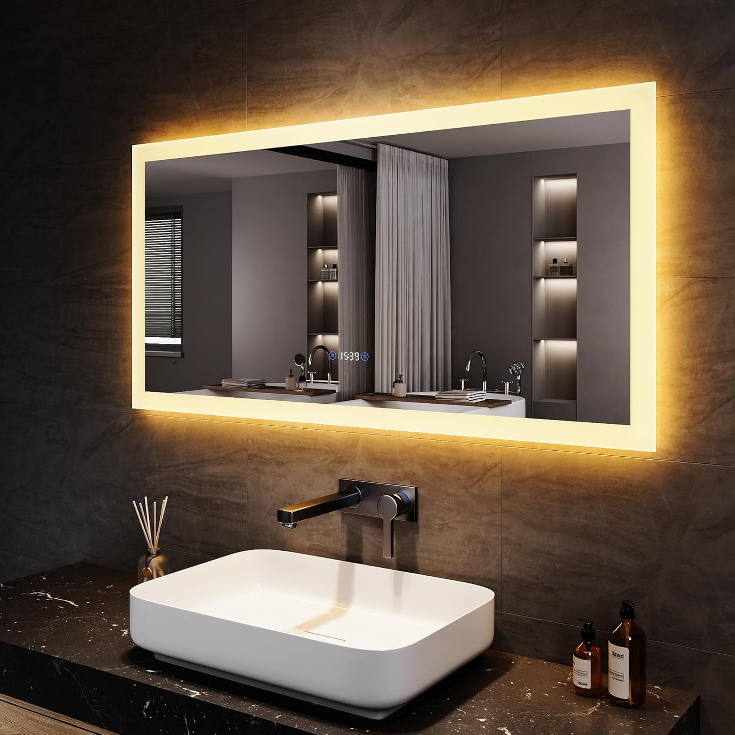 Sonni Bathroom Mirror with Lighting, 80 x 60 cm, 3 Adjustable Light Colours, Anti-Fog LED Bathroom Mirror, Light Mirror, Wall Mirror with Touch Switch, Clock, Temperature, 3x Magnification - Carlat