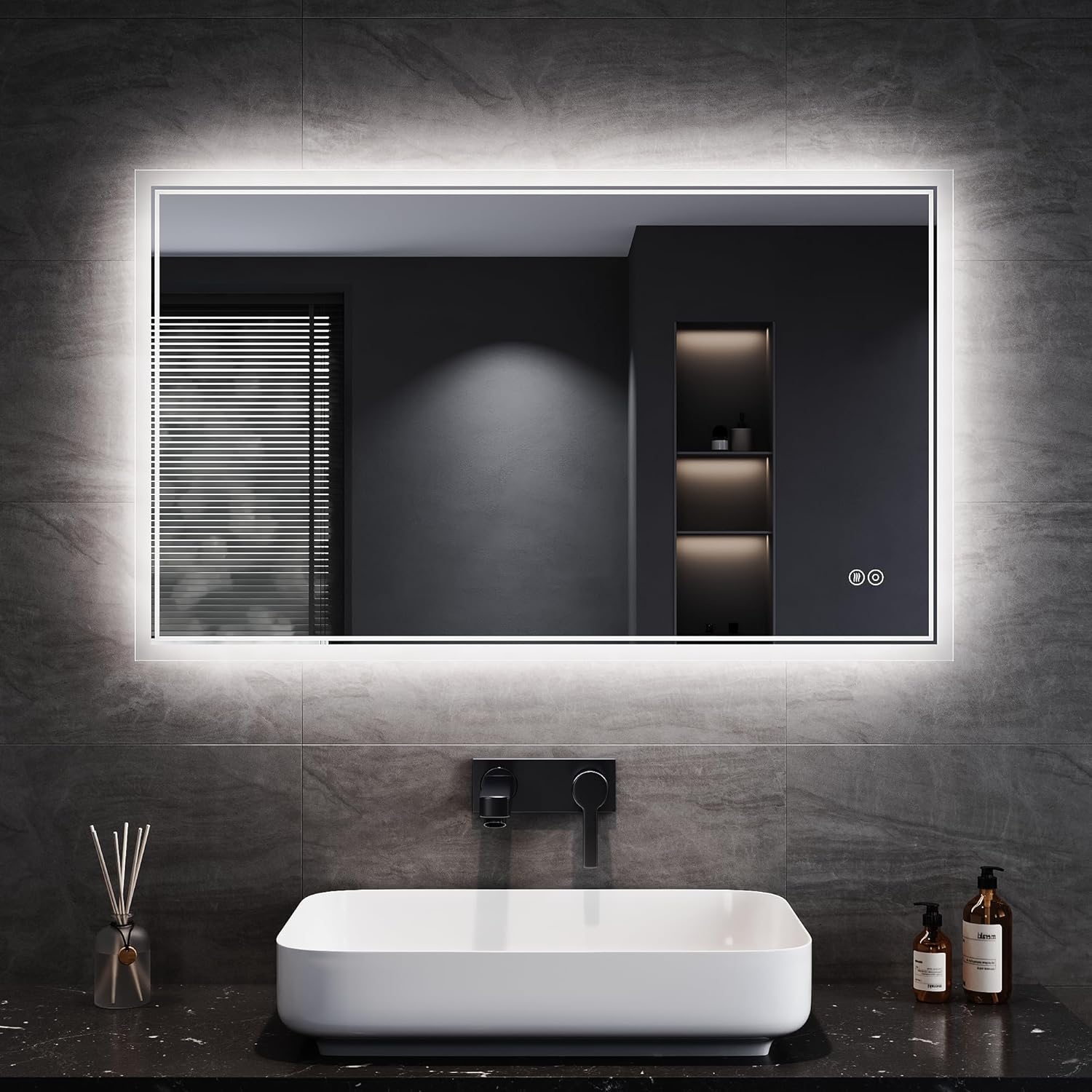 Sonni Bathroom Mirror with Lighting, 80 x 60 cm, 3 Adjustable Light Colours, Anti-Fog LED Bathroom Mirror, Light Mirror, Wall Mirror with Touch Switch, Clock, Temperature, 3x Magnification - Carlat