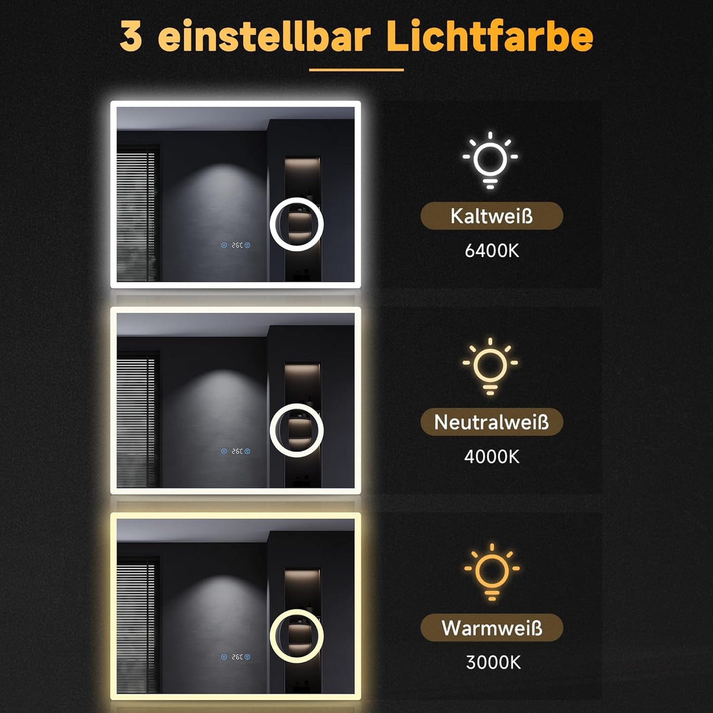 Sonni Bathroom Mirror with Lighting, 80 x 60 cm, 3 Adjustable Light Colours, Anti-Fog LED Bathroom Mirror, Light Mirror, Wall Mirror with Touch Switch, Clock, Temperature, 3x Magnification - Carlat