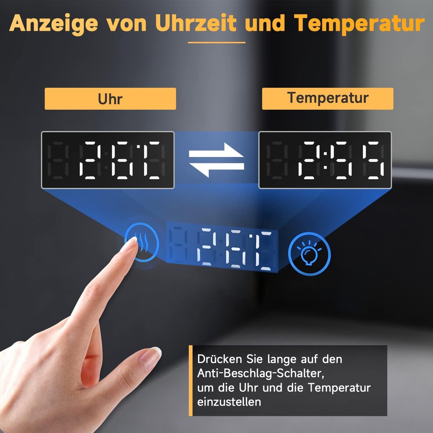 Sonni Bathroom Mirror with Lighting, 80 x 60 cm, 3 Adjustable Light Colours, Anti-Fog LED Bathroom Mirror, Light Mirror, Wall Mirror with Touch Switch, Clock, Temperature, 3x Magnification - Carlat