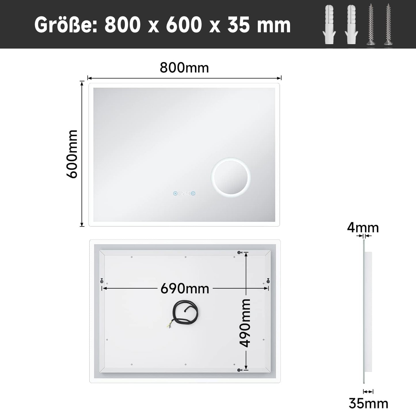 Sonni Bathroom Mirror with Lighting, 80 x 60 cm, 3 Adjustable Light Colours, Anti-Fog LED Bathroom Mirror, Light Mirror, Wall Mirror with Touch Switch, Clock, Temperature, 3x Magnification - Carlat