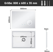 Sonni Bathroom Mirror with Lighting, 80 x 60 cm, 3 Adjustable Light Colours, Anti-Fog LED Bathroom Mirror, Light Mirror, Wall Mirror with Touch Switch, Clock, Temperature, 3x Magnification - Carlat