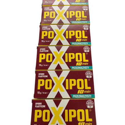 Stack of POXIPOL packaging on a white background