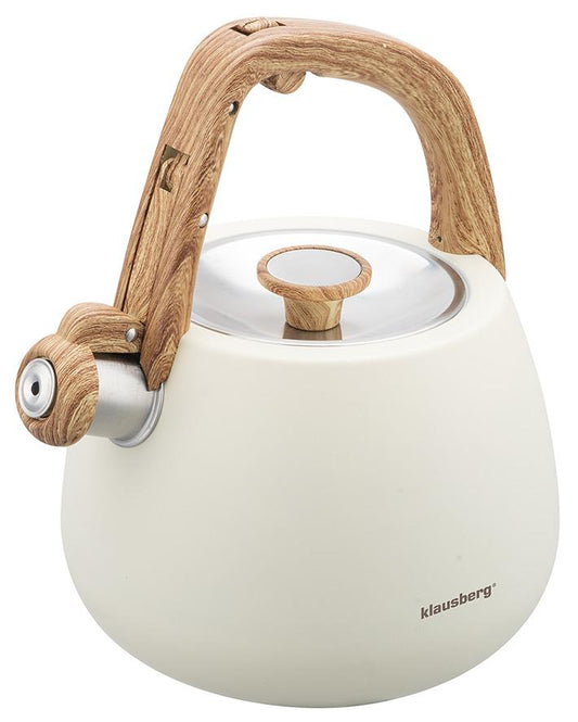 Stainless steel kettle with whistle, beige with a wooden handle, 2.5-liter capacity, Klausberg, KB-7775 - Carlat