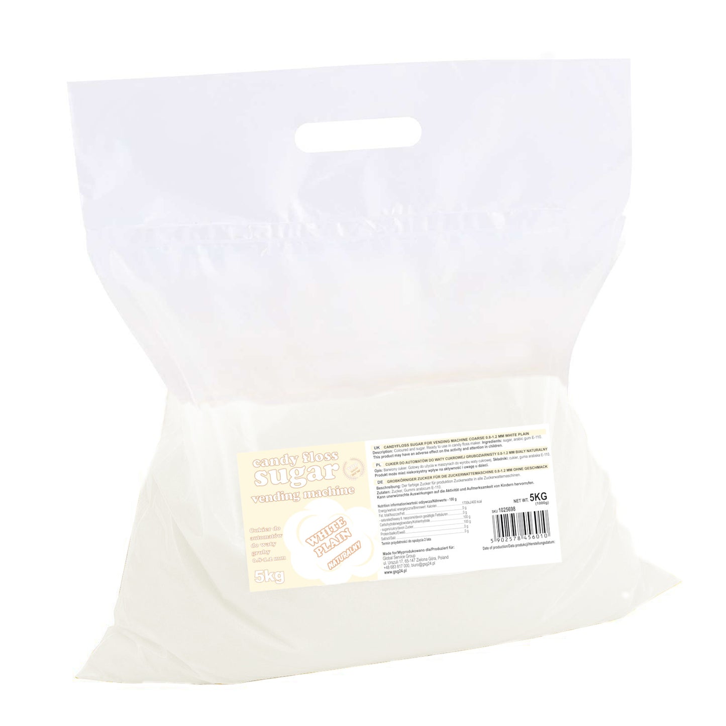 Sugar for the cotton candy machine, granulation 0.8-1.2mm, natural flavor, WHITE 5kg - Carlat