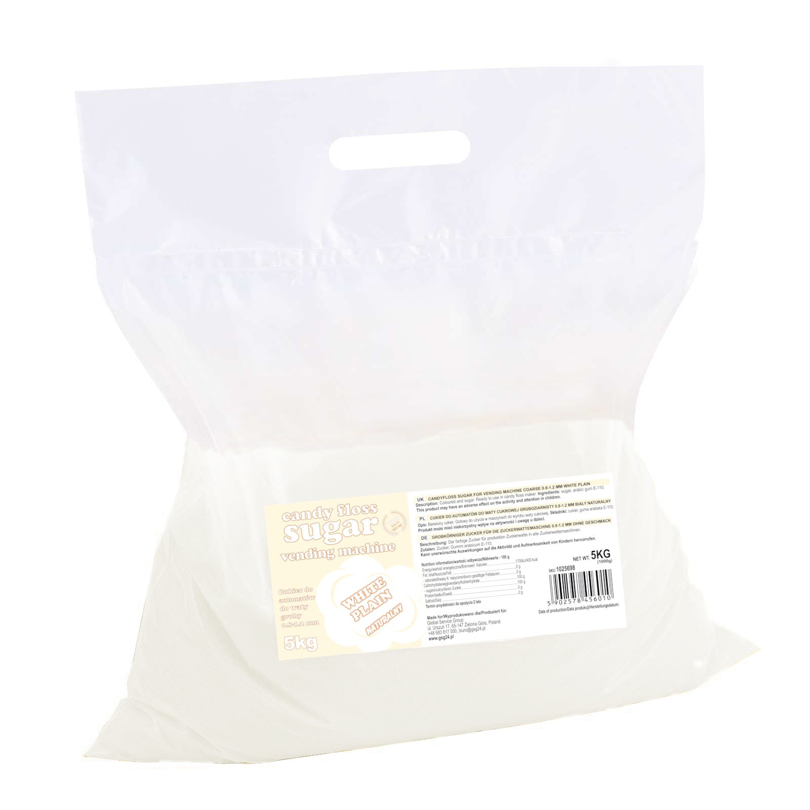 Sugar for the cotton candy machine, granulation 0.8-1.2mm, natural flavor, WHITE 5kg - Carlat