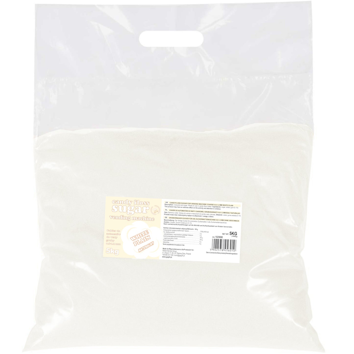 Sugar for the cotton candy machine, granulation 0.8-1.2mm, natural flavor, WHITE 5kg - Carlat