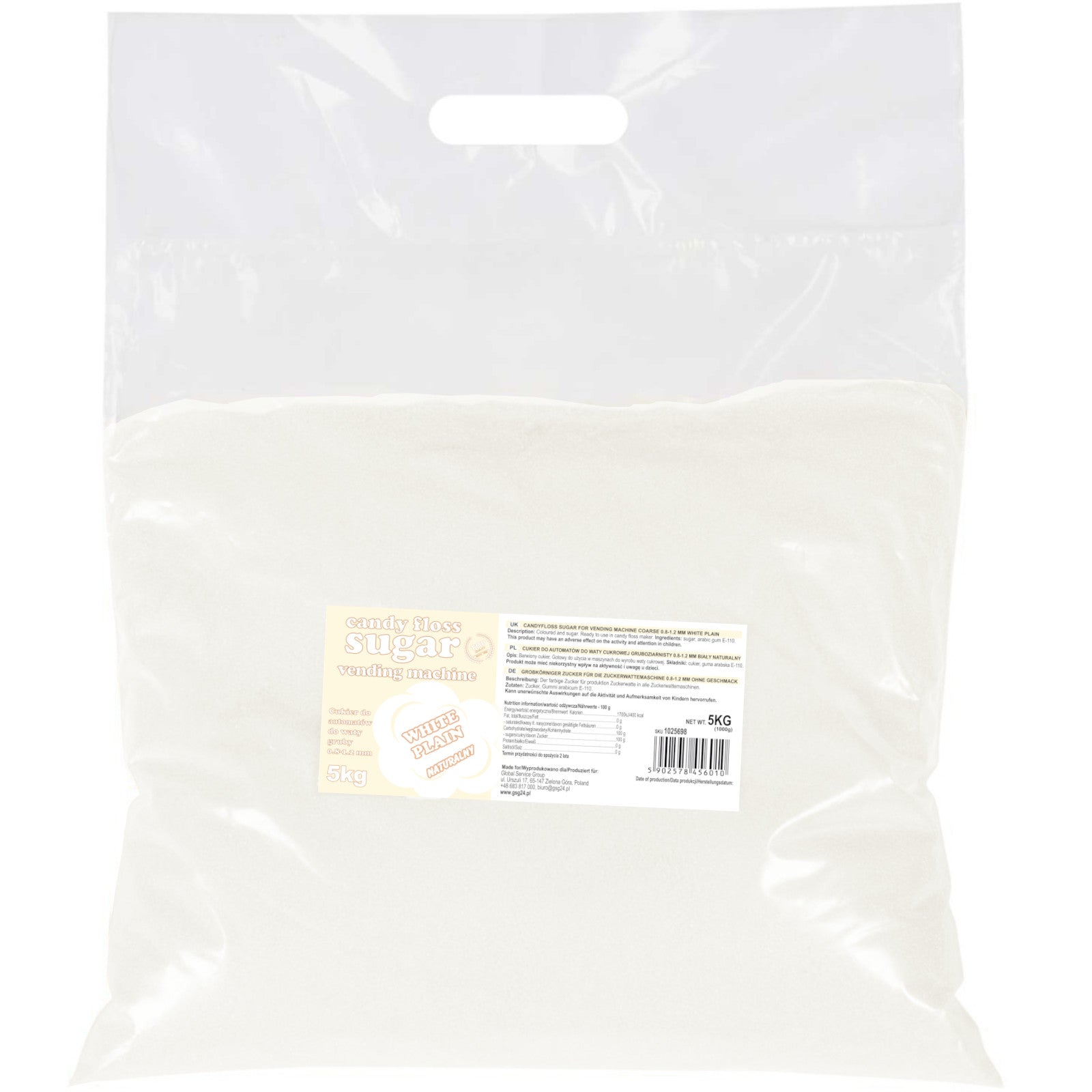 Sugar for the cotton candy machine, granulation 0.8-1.2mm, natural flavor, WHITE 5kg - Carlat
