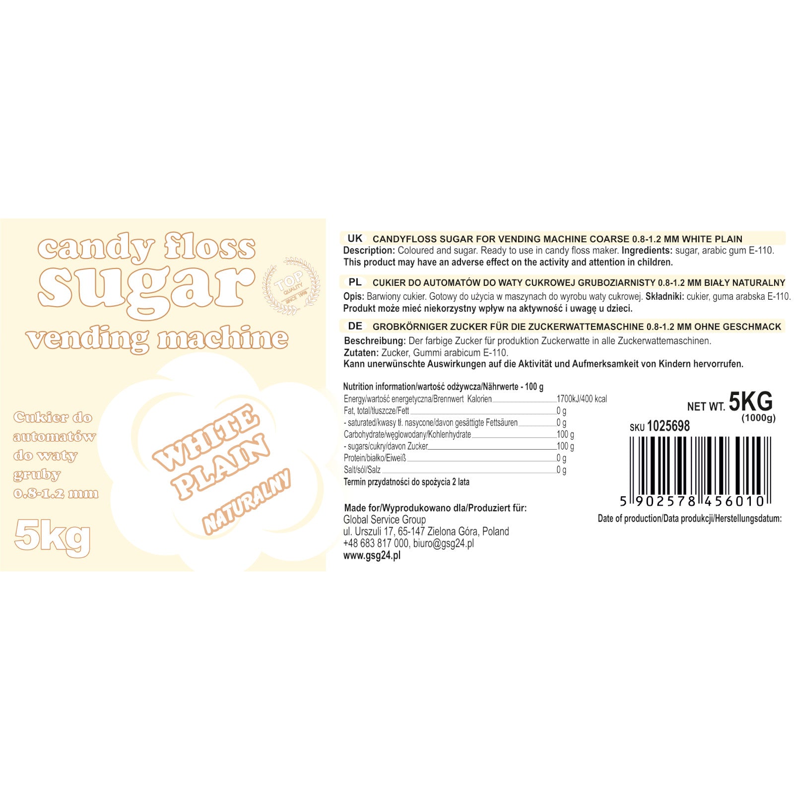 Sugar for the cotton candy machine, granulation 0.8-1.2mm, natural flavor, WHITE 5kg - Carlat