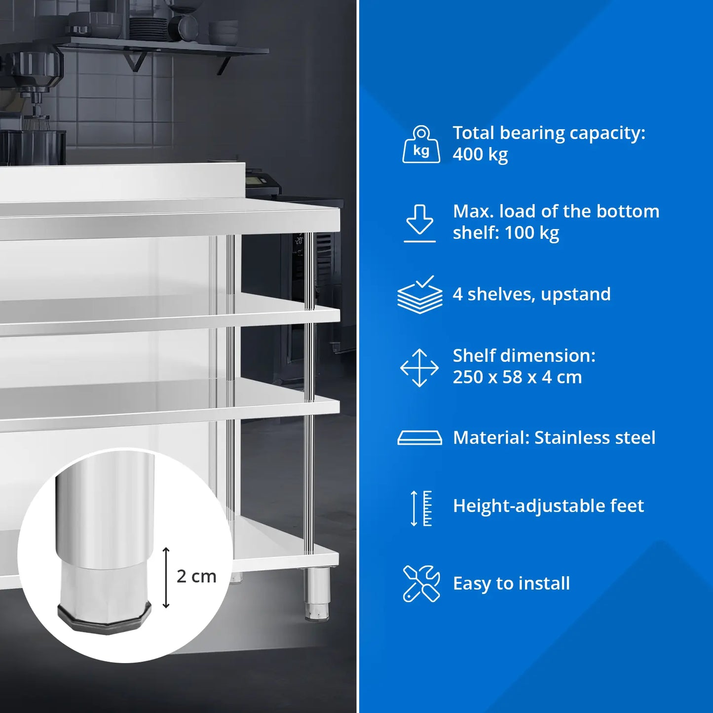 Tables – Gastronomy work bar table with edge, 4 shelves, - Carlat