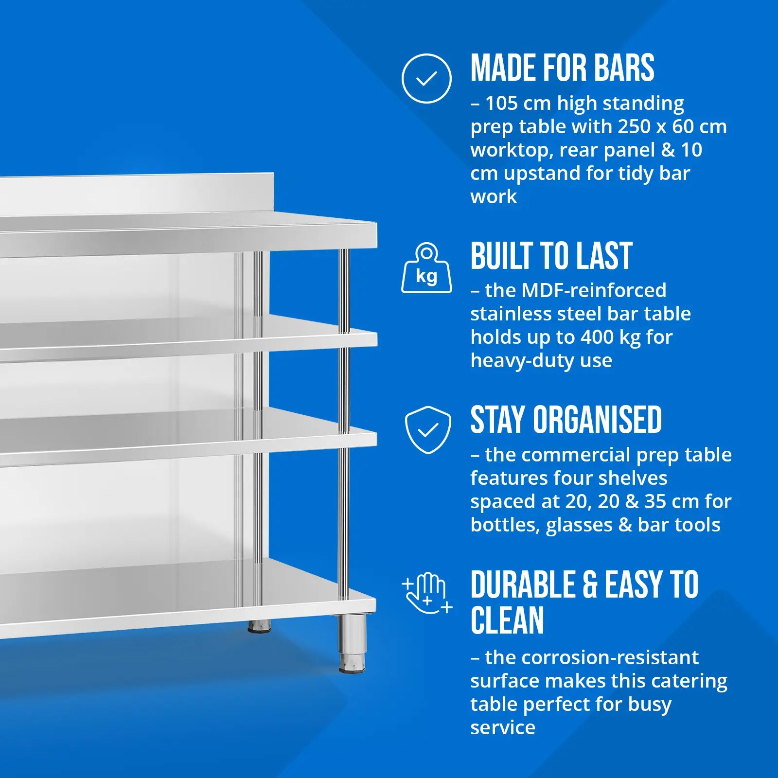 Tables – Gastronomy work bar table with edge, 4 shelves, - Carlat