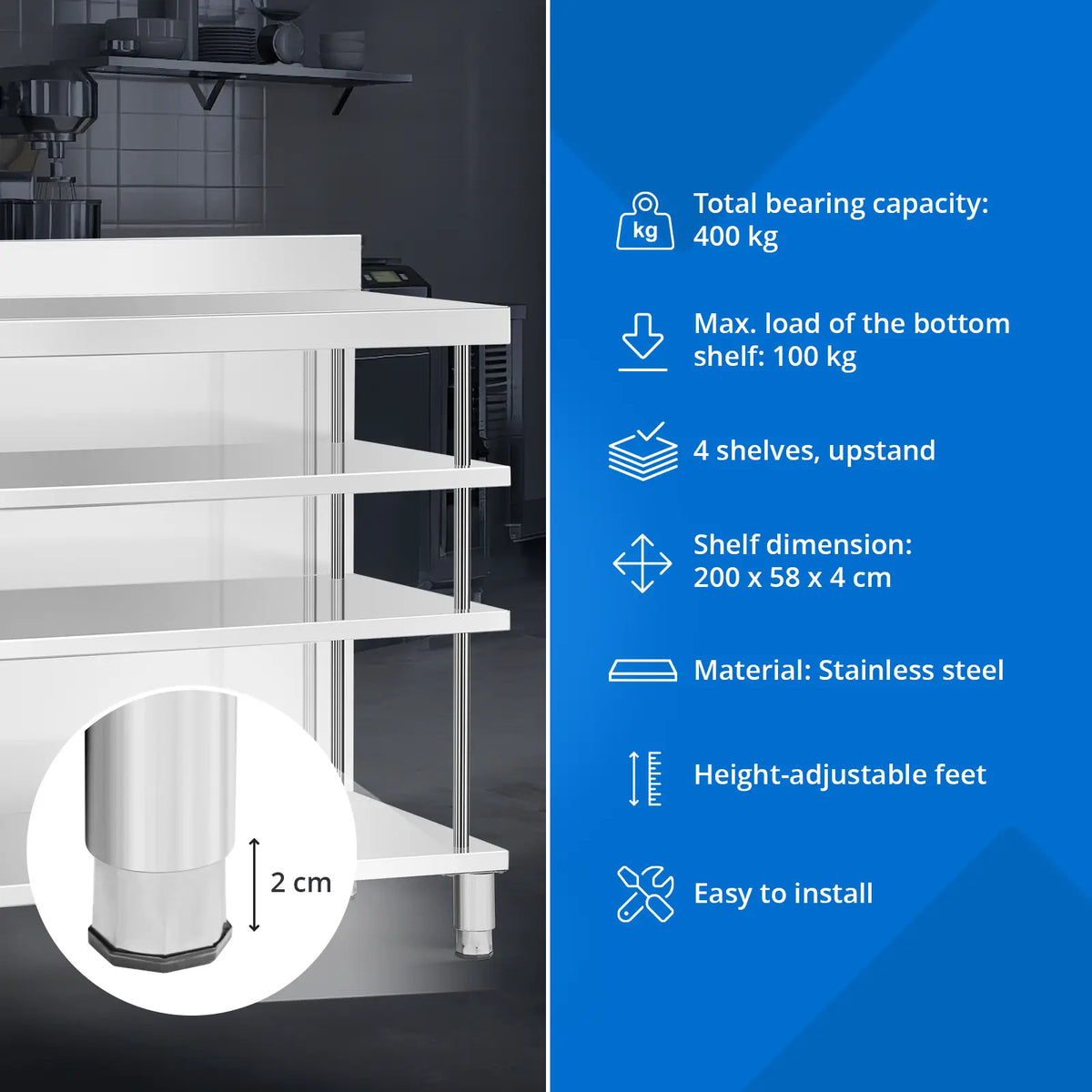 Tables – Gastronomy work bar table with edge, 4 shelves, - Carlat
