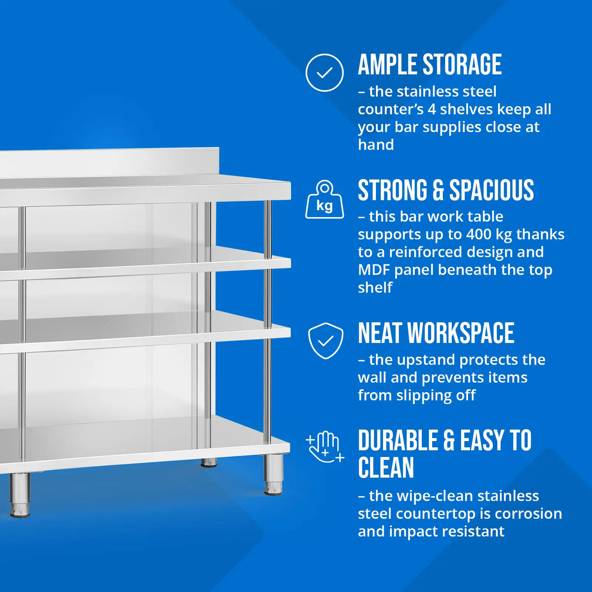 Tables – Gastronomy work bar table with edge, 4 shelves, - Carlat