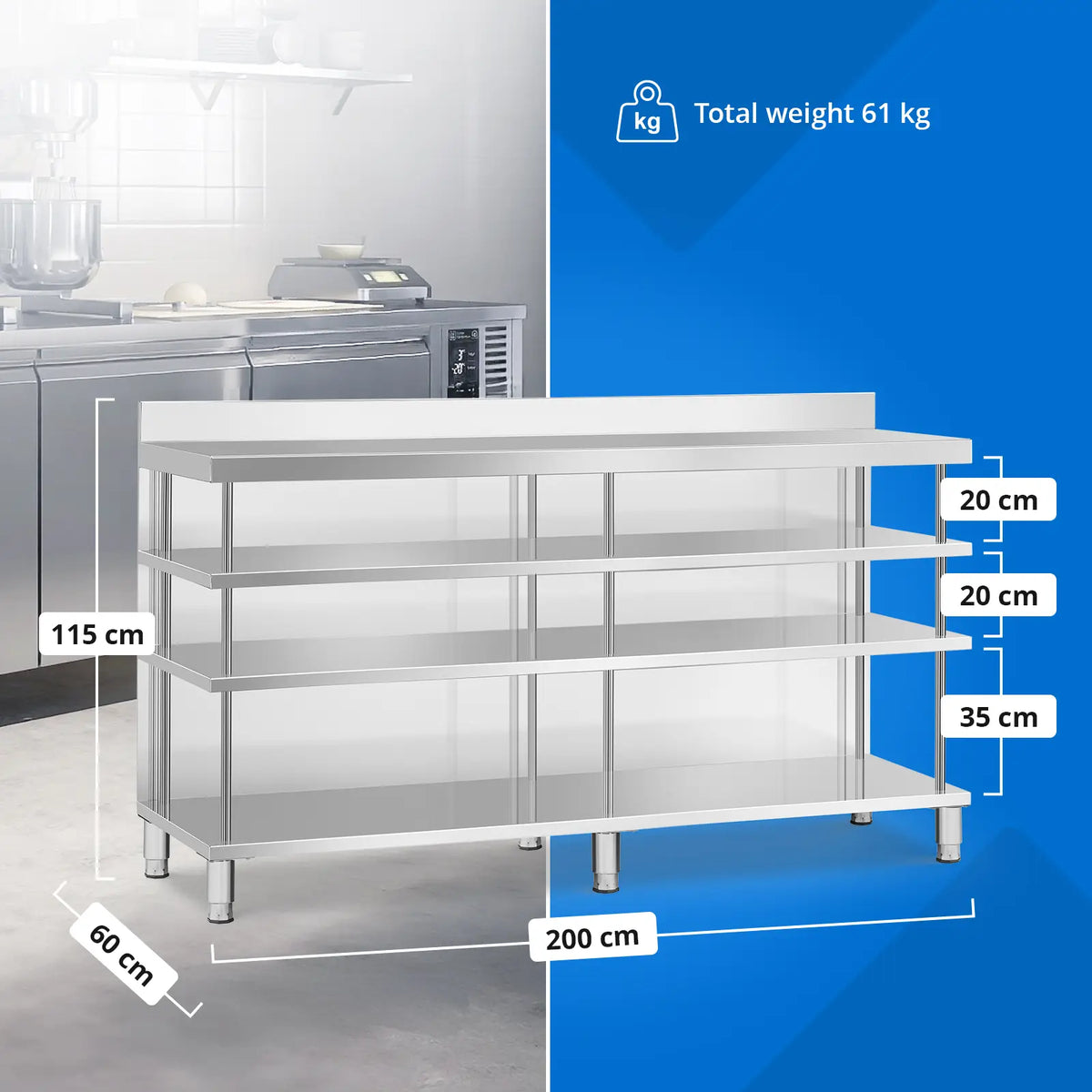 Tables – Gastronomy work bar table with edge, 4 shelves, - Carlat