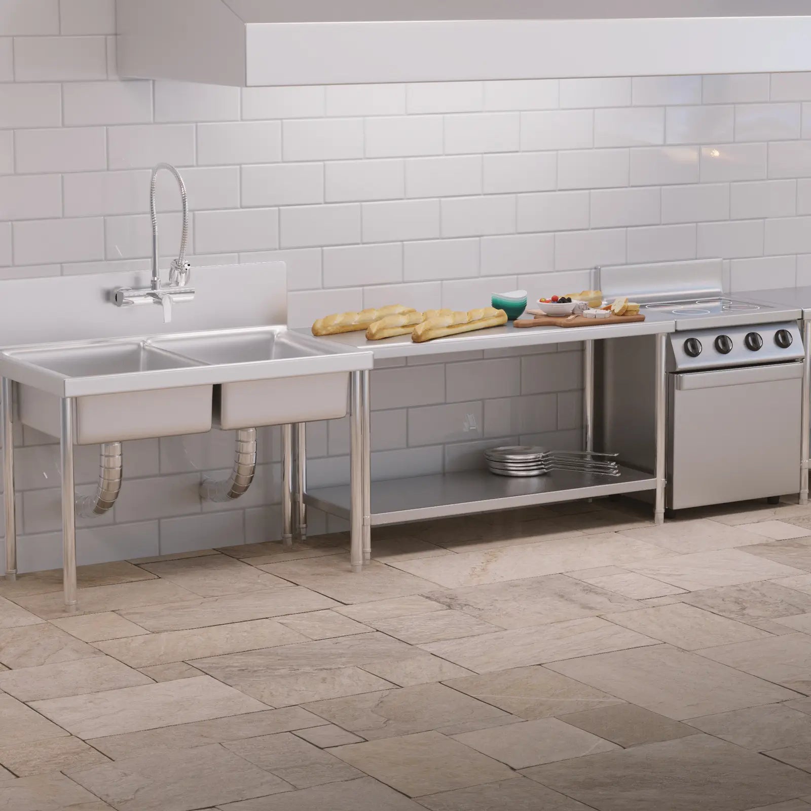 Tables – Table, central steel worktop with shelf, 150 x - Carlat