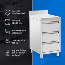 Tables – Wall-mounted catering cabinet with edge, 3 drawers, STEEL, - Carlat