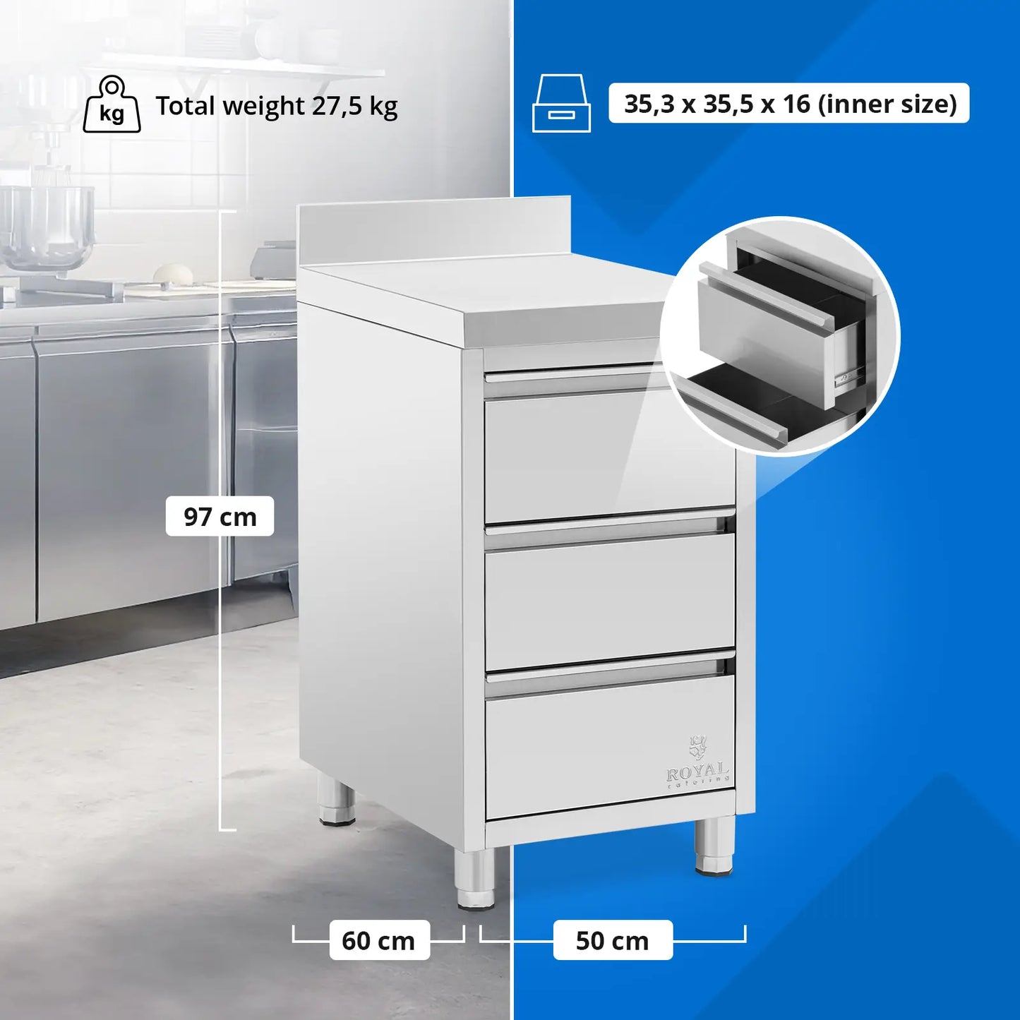 Tables – Wall-mounted catering cabinet with edge, 3 drawers, STEEL, - Carlat