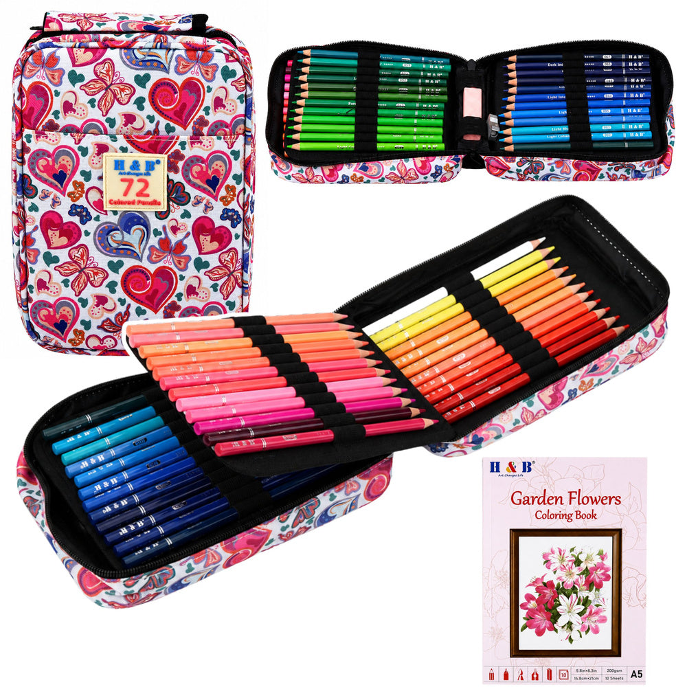 Three-Compartment Pencil Case, Coloring Book with Flowers, Pencil Sharpener, Eraser, 72 Crayons - Carlat