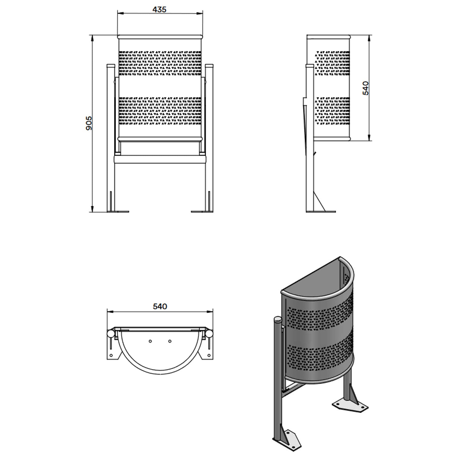 Trash Cans – Semicircular, wall-mounted city street bin, gray, 30L - Carlat