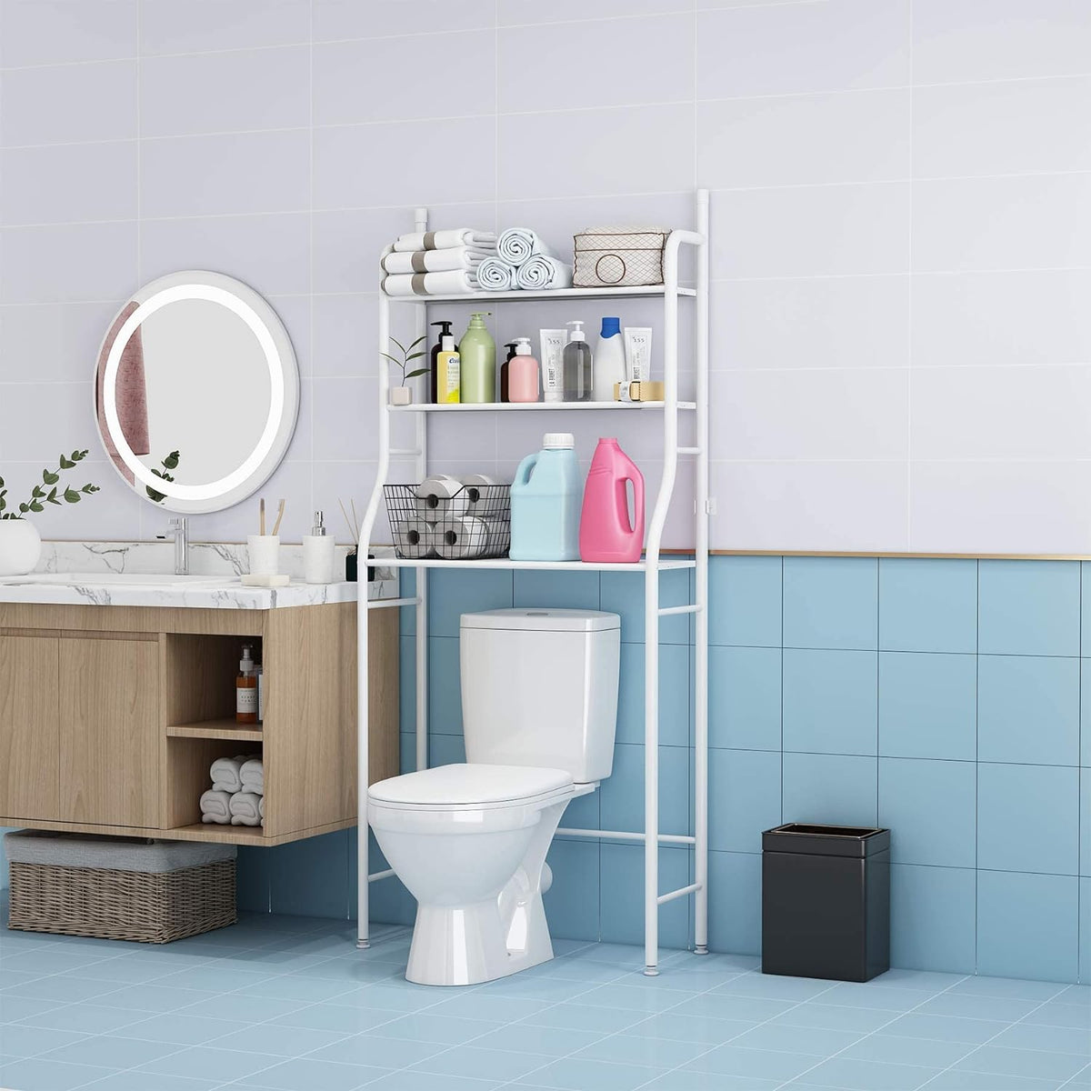 UDEAR 3-Shelf Bathroom Storage Rack with Hanging Rod, White - Carlat