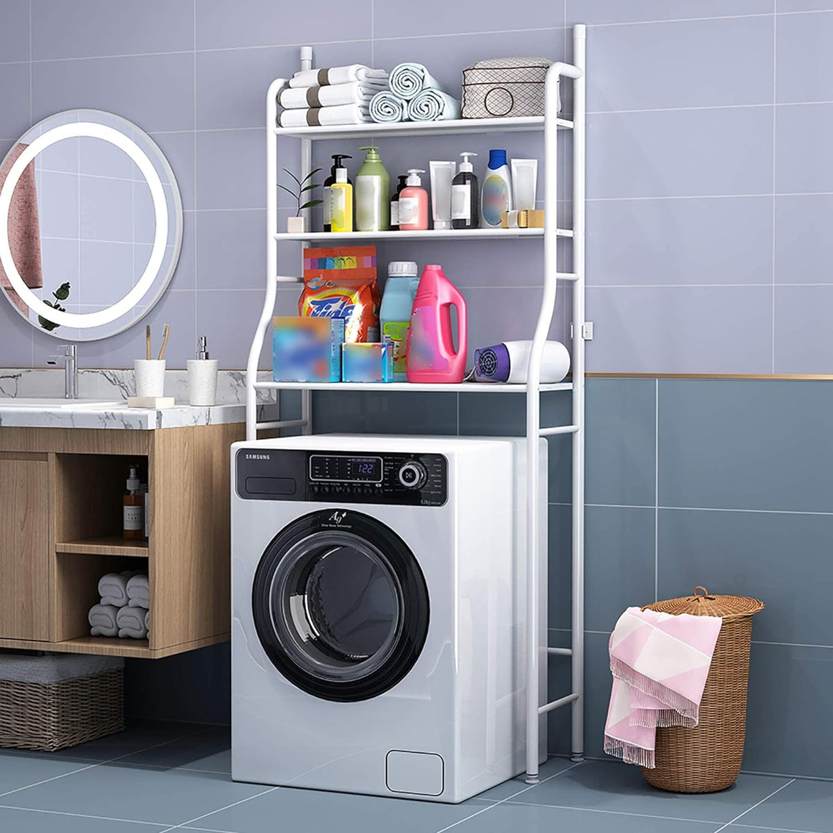 UDEAR 3-Shelf Bathroom Storage Rack with Hanging Rod, White - Carlat