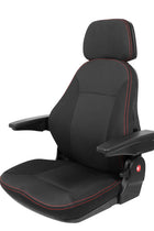 Black car seat with red stitching on a white background