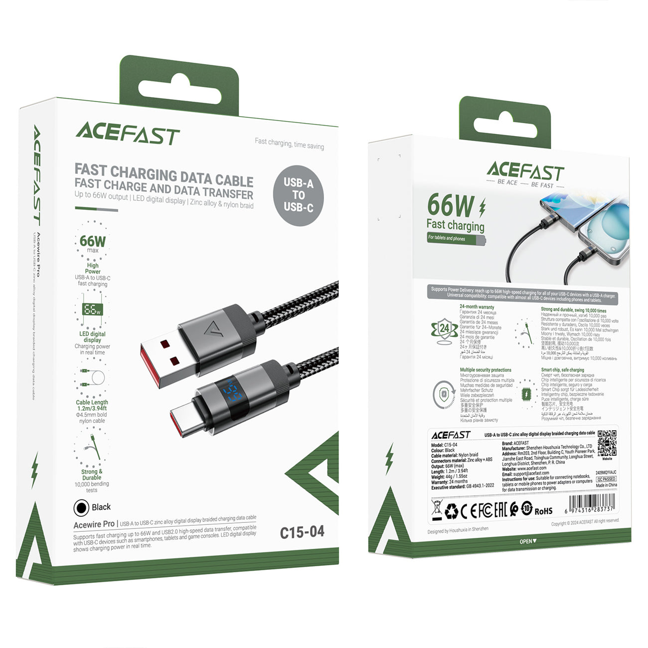 USB-A - USB-C cable with display 480Mb/s 66W 1.2m - black - Carlat