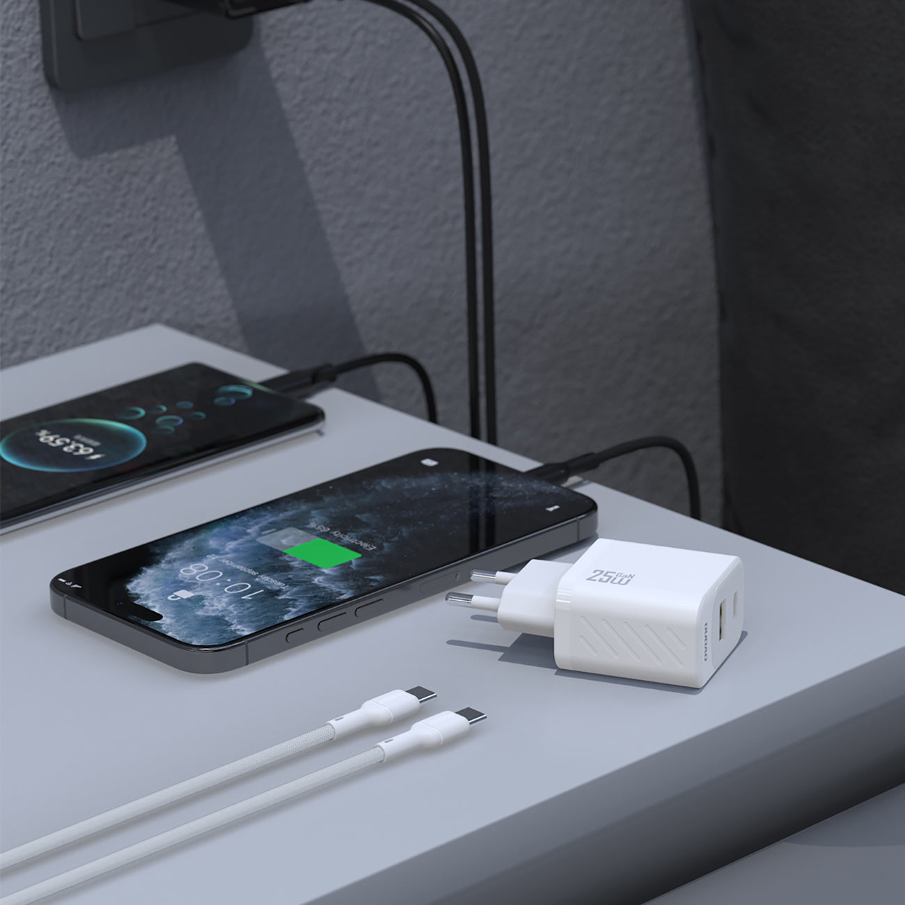 USB-A USB-C wall charger with USB-C GaN PD QC 25W cable - white - Carlat
