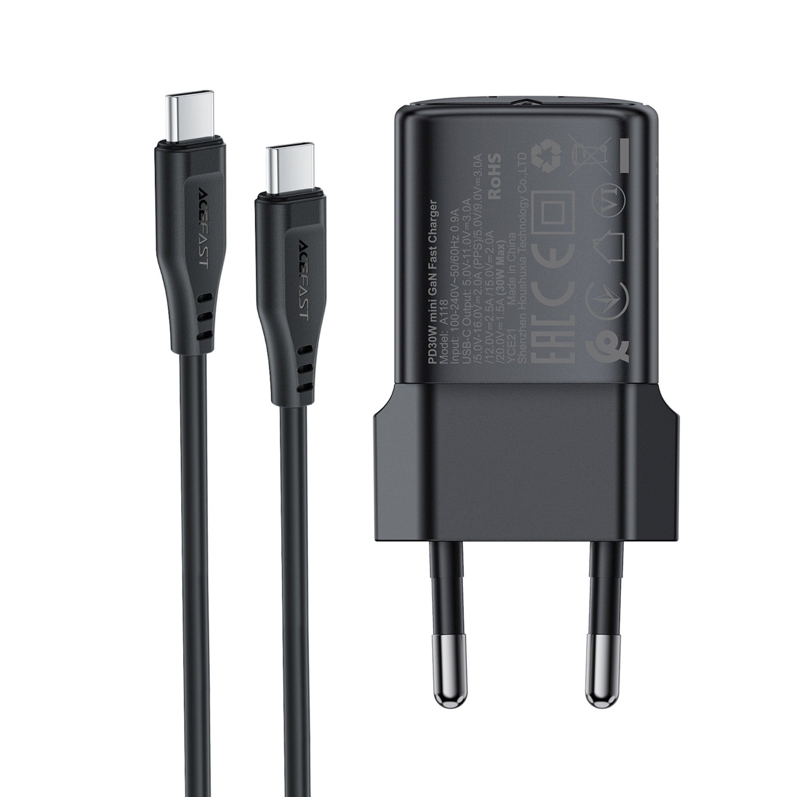 USB-C 30W GaN wall charger with USB-C - Lightning 1.2m cable - black - Carlat