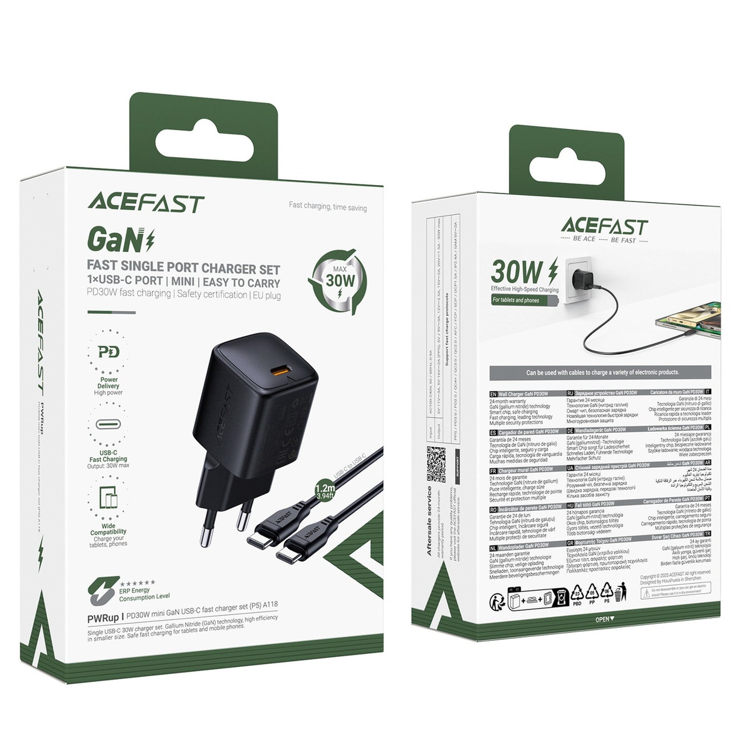 USB-C 30W GaN wall charger with USB-C - Lightning 1.2m cable - black - Carlat