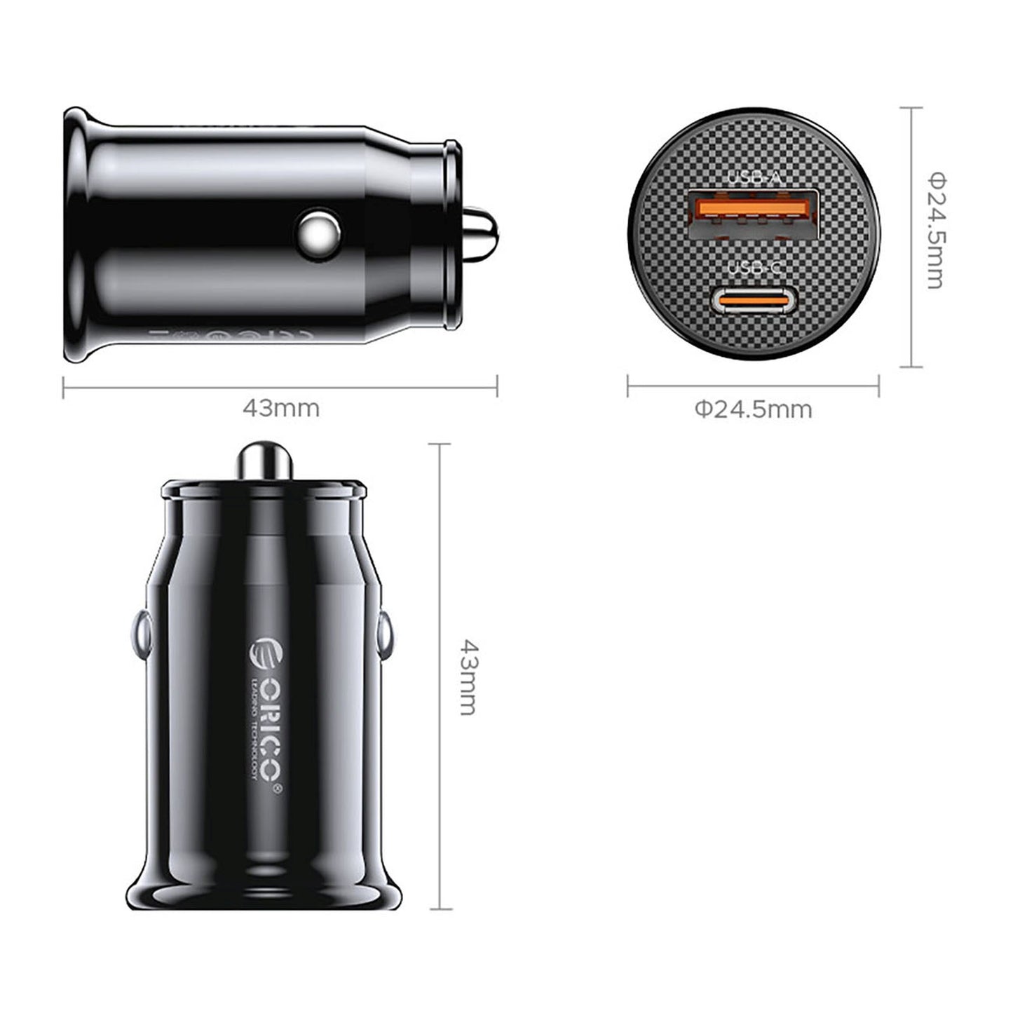 USB-C USB-A 30W car charger - black - Carlat