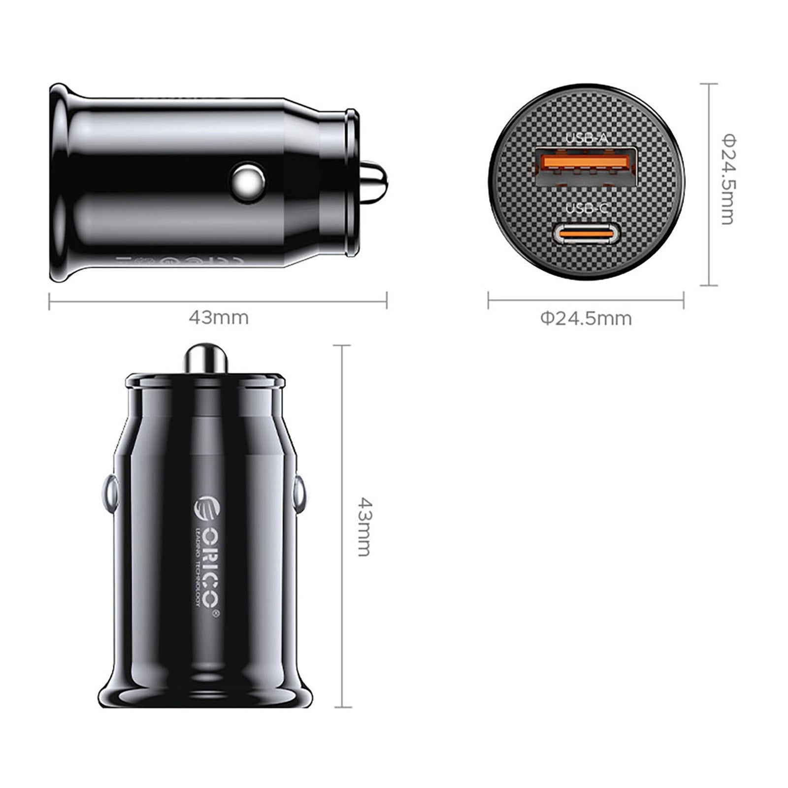 USB-C USB-A 30W car charger - black - Carlat