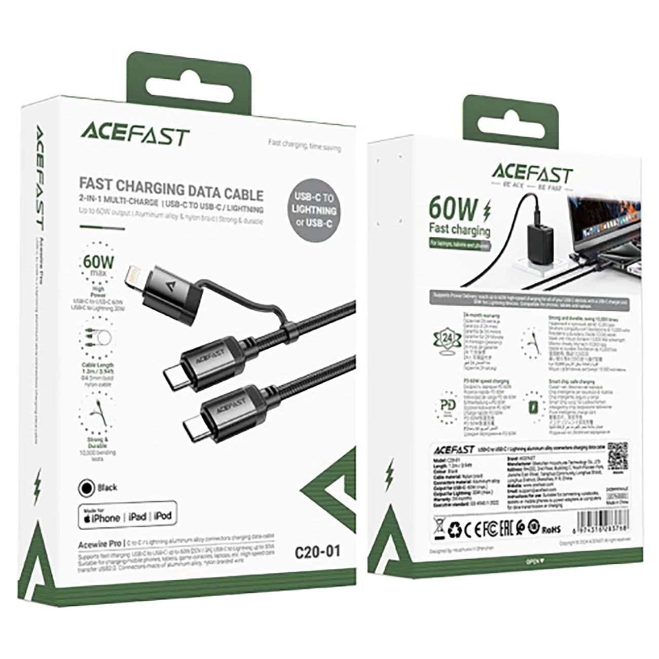 USB-C - USB-C / Lightning cable 60W 480Mb/s 3A 1.2m - black - Carlat