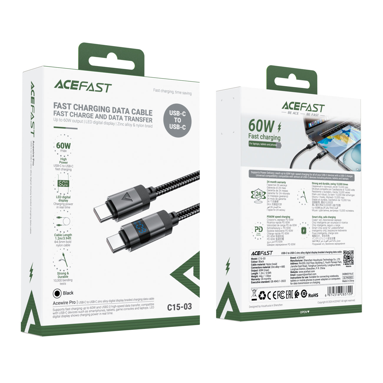 USB-C - USB-C cable with display 480Mb/s 66W 1.2m - black - Carlat