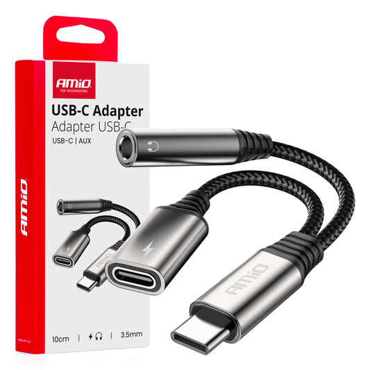 USB-C to USB-C + 3.5mm mini jack splitter adapter, 10 cm, amio-04295 - Carlat
