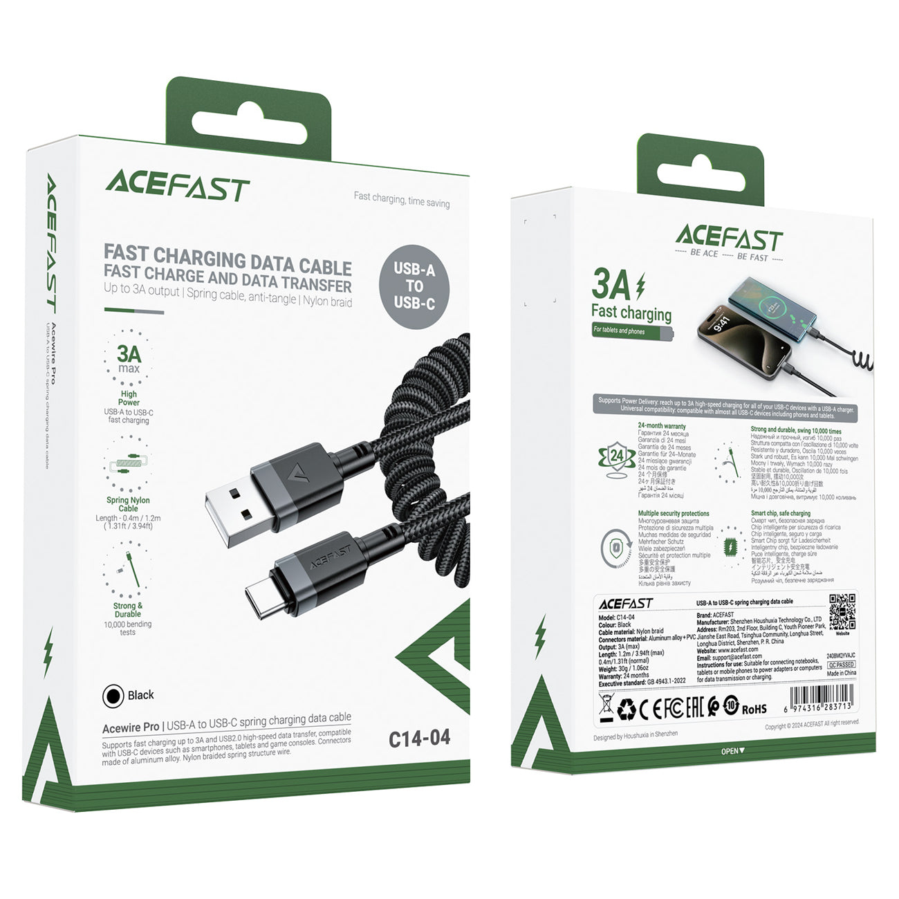 USB Cables – Spiral cable USB-A - USB-C 480Mb/s 3A - Carlat